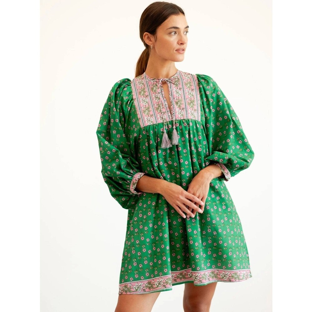 Millie Daisy Dress S Jelly Bean Green 100% Cotton Vacation Peasant Boho Resort